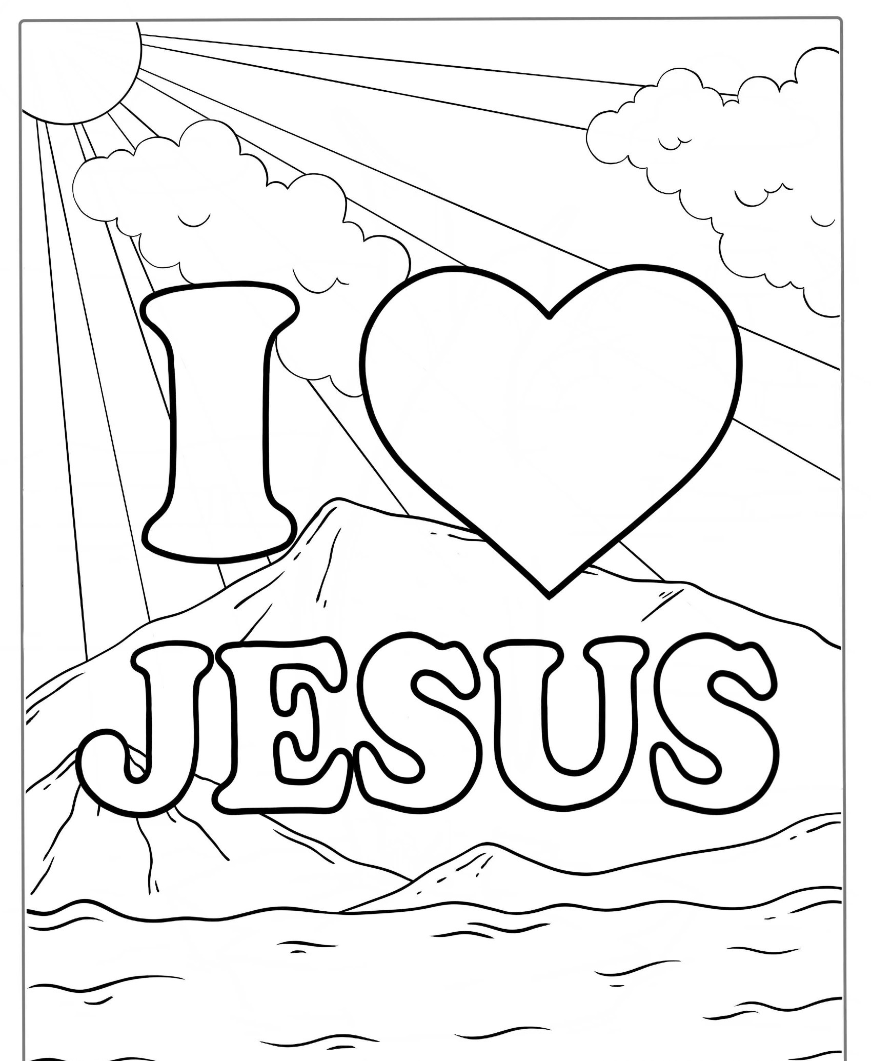 Desenho para colorir com "I Love Jesus" e paisagem com sol.