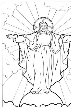 Desenho bíblico de Jesus com braços abertos e auréola, para colorir.