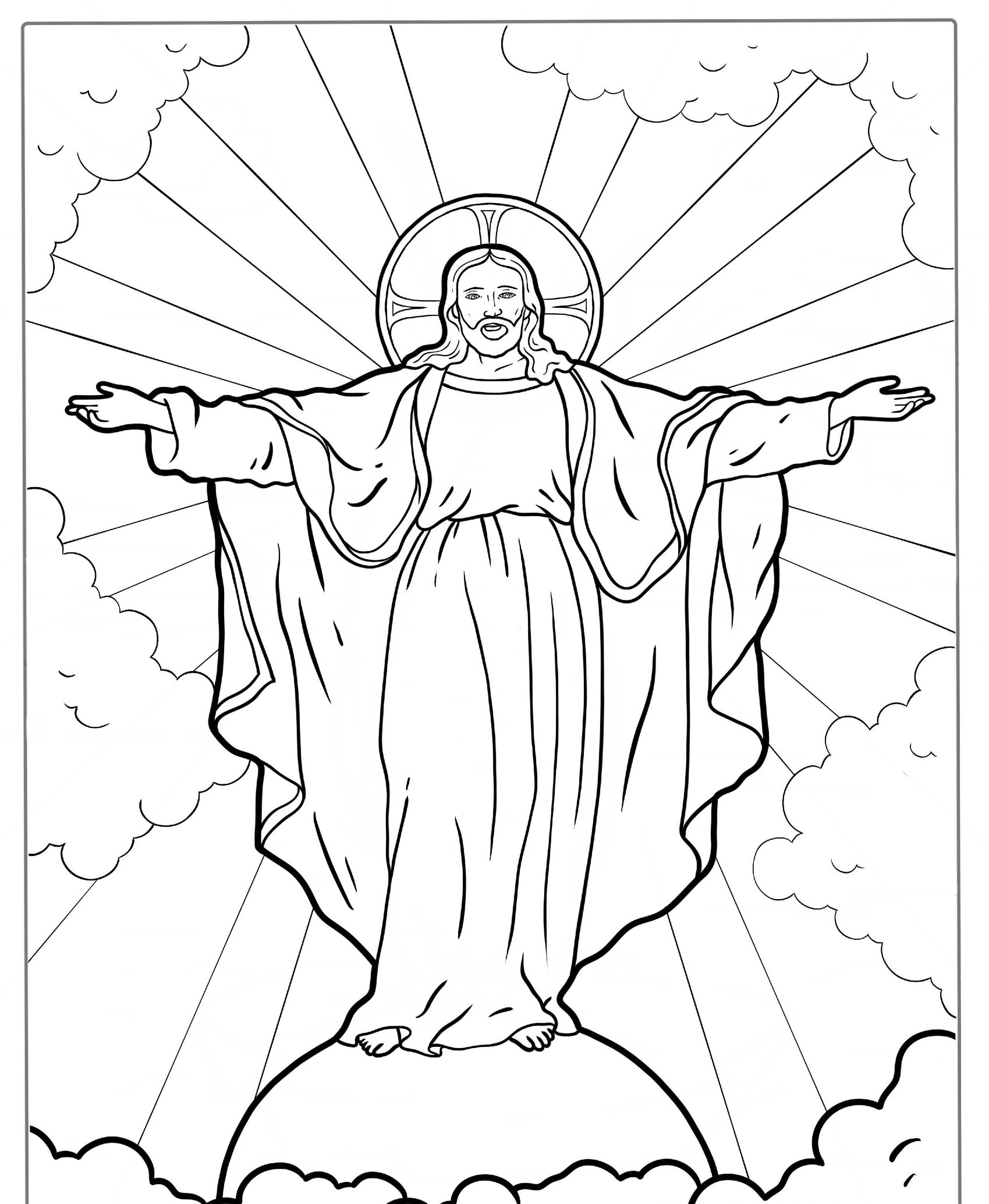 Desenho bíblico de Jesus com braços abertos e auréola, para colorir.