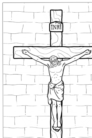 Crucificação de Jesus para colorir, com fundo de tijolos.