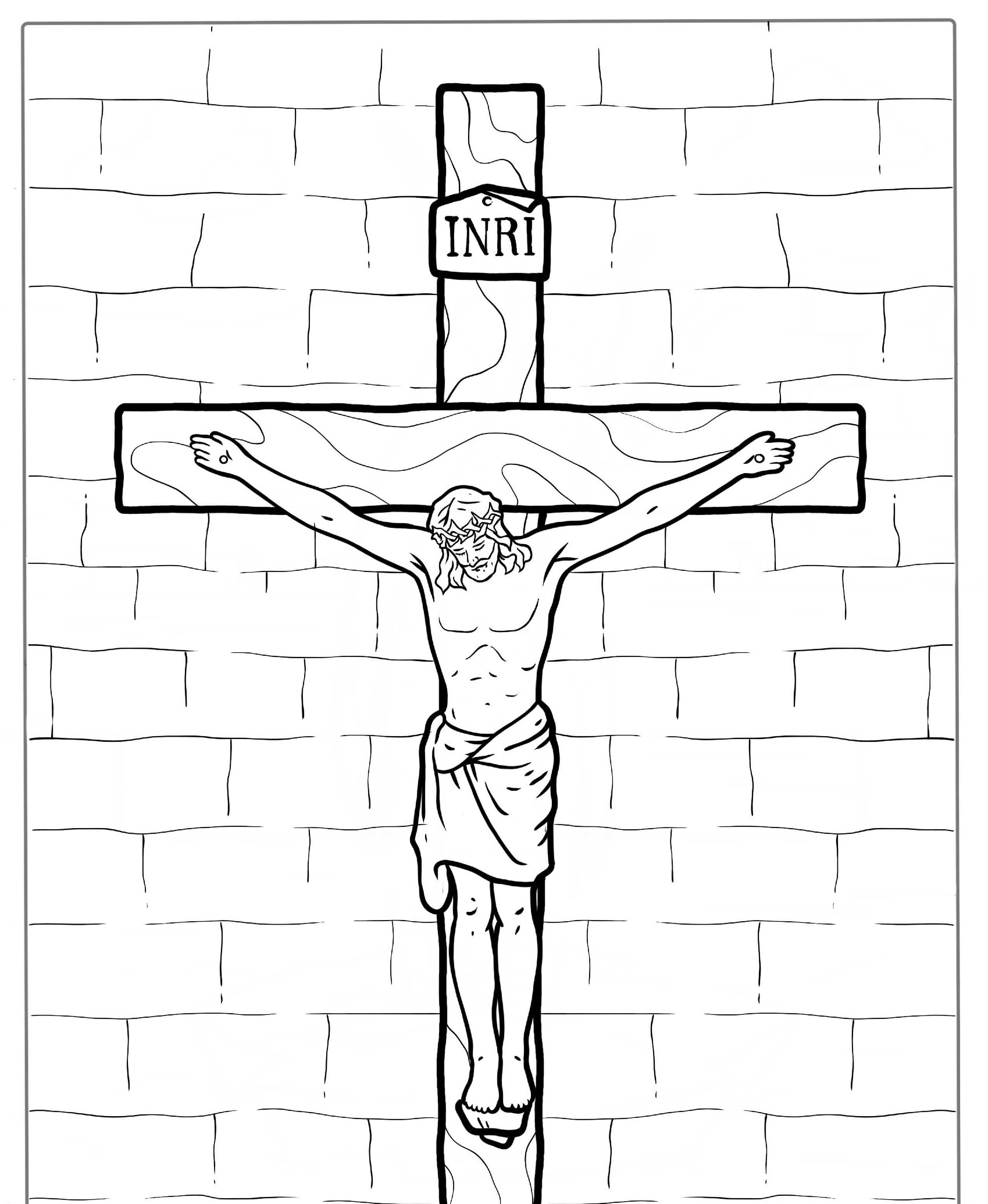 Crucificação de Jesus para colorir, com fundo de tijolos.