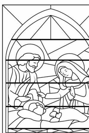 Desenho bíblico para colorir de natividade com vitral.