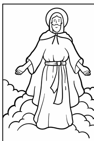 Homem santo flutuando nas nuvens com braços abertos, desenho para colorir.