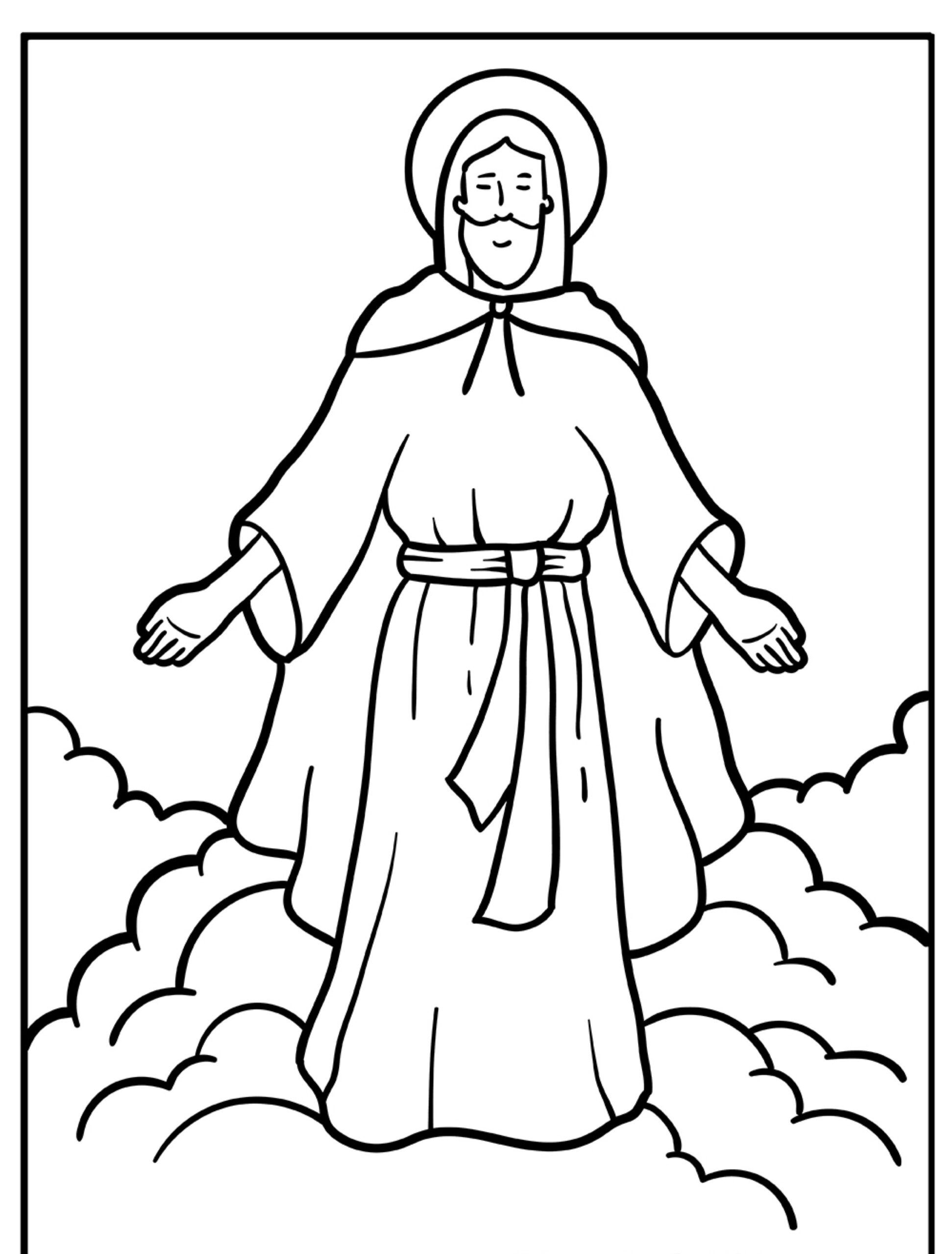 Homem santo flutuando nas nuvens com braços abertos, desenho para colorir.