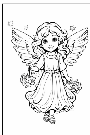 Anjo com asas e flores, desenho para colorir.