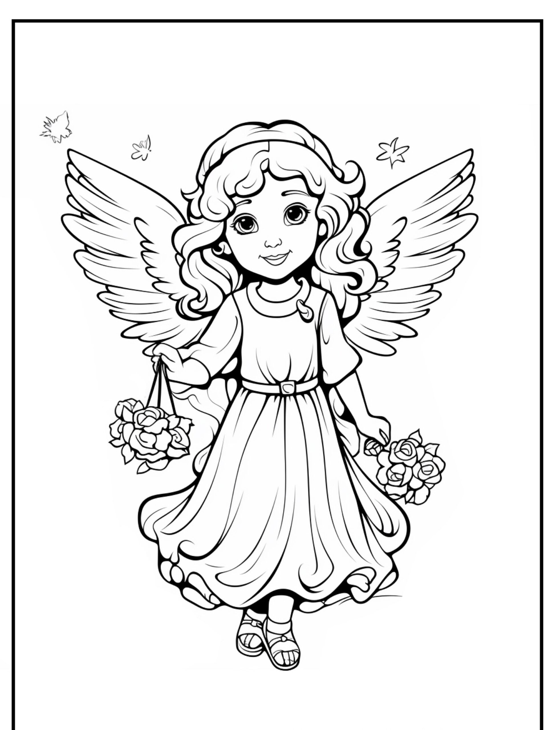 Anjo com asas e flores, desenho para colorir.