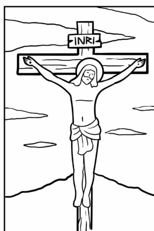 Desenho para colorir de Jesus na cruz com céu ao fundo.