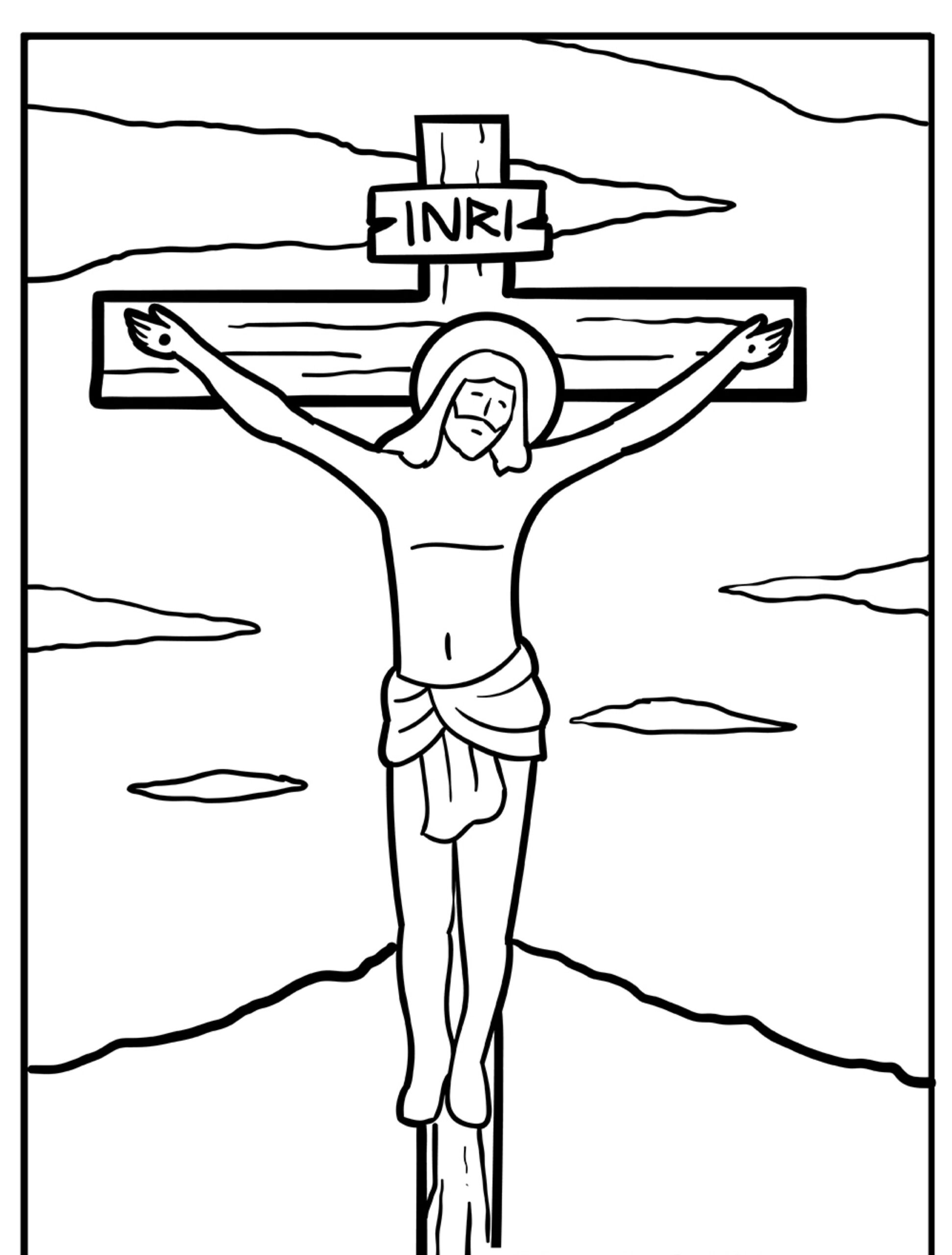 Desenho para colorir de Jesus na cruz com céu ao fundo.