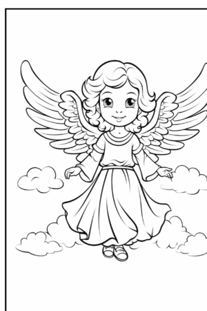 Anjo sorridente com asas e nuvens para colorir, estilo infantil.