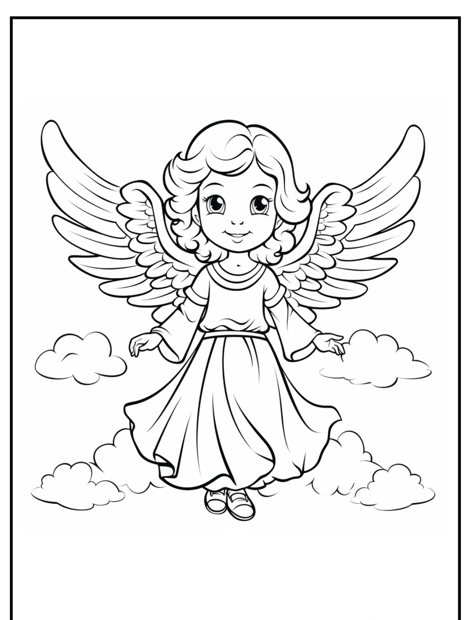 Anjo sorridente com asas e nuvens para colorir, estilo infantil.