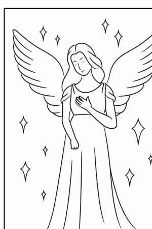 Anjo com as mãos em oração e asas abertas para colorir.