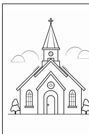 Desenho de igreja para colorir com árvores e nuvens.