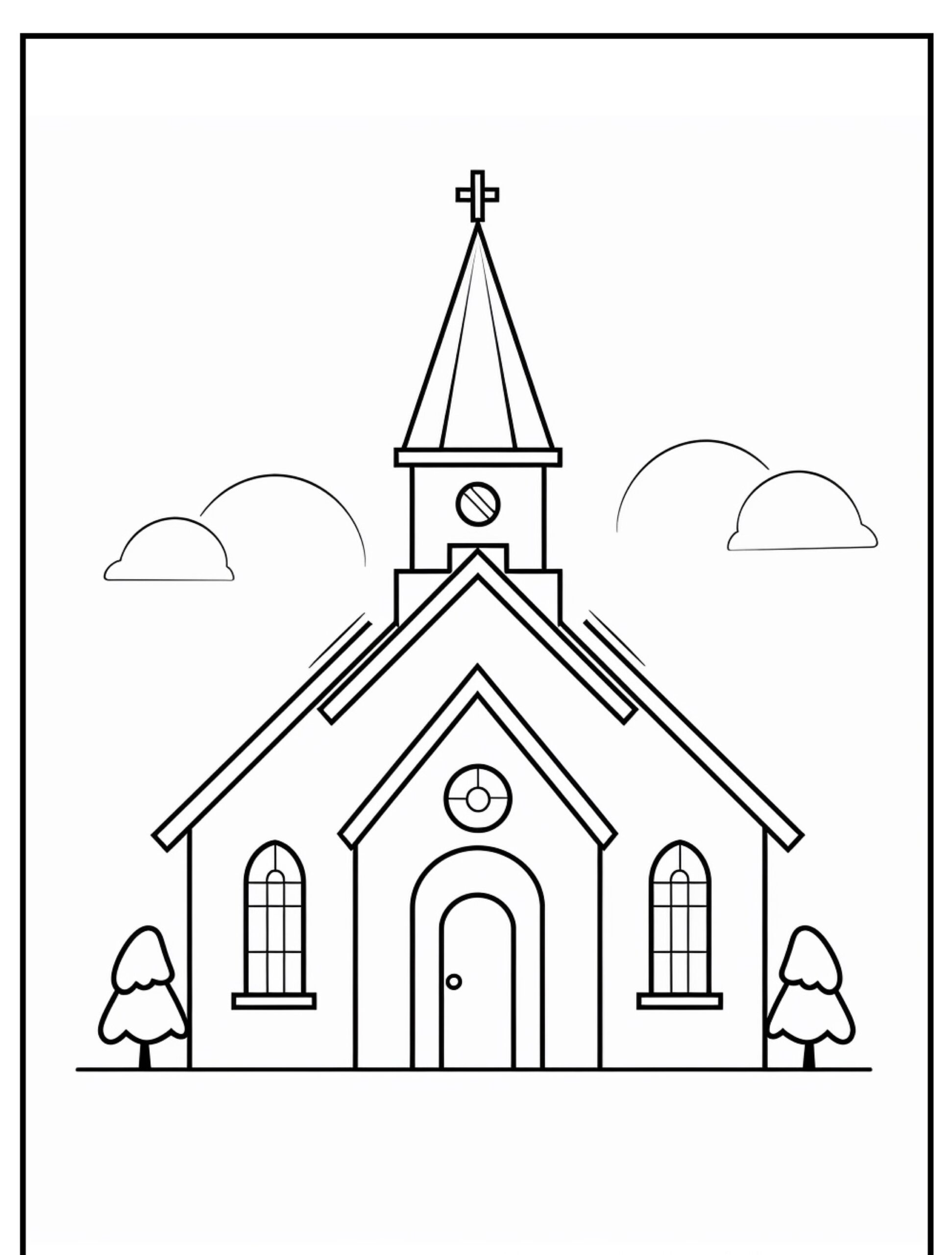 Desenho de igreja para colorir com árvores e nuvens.