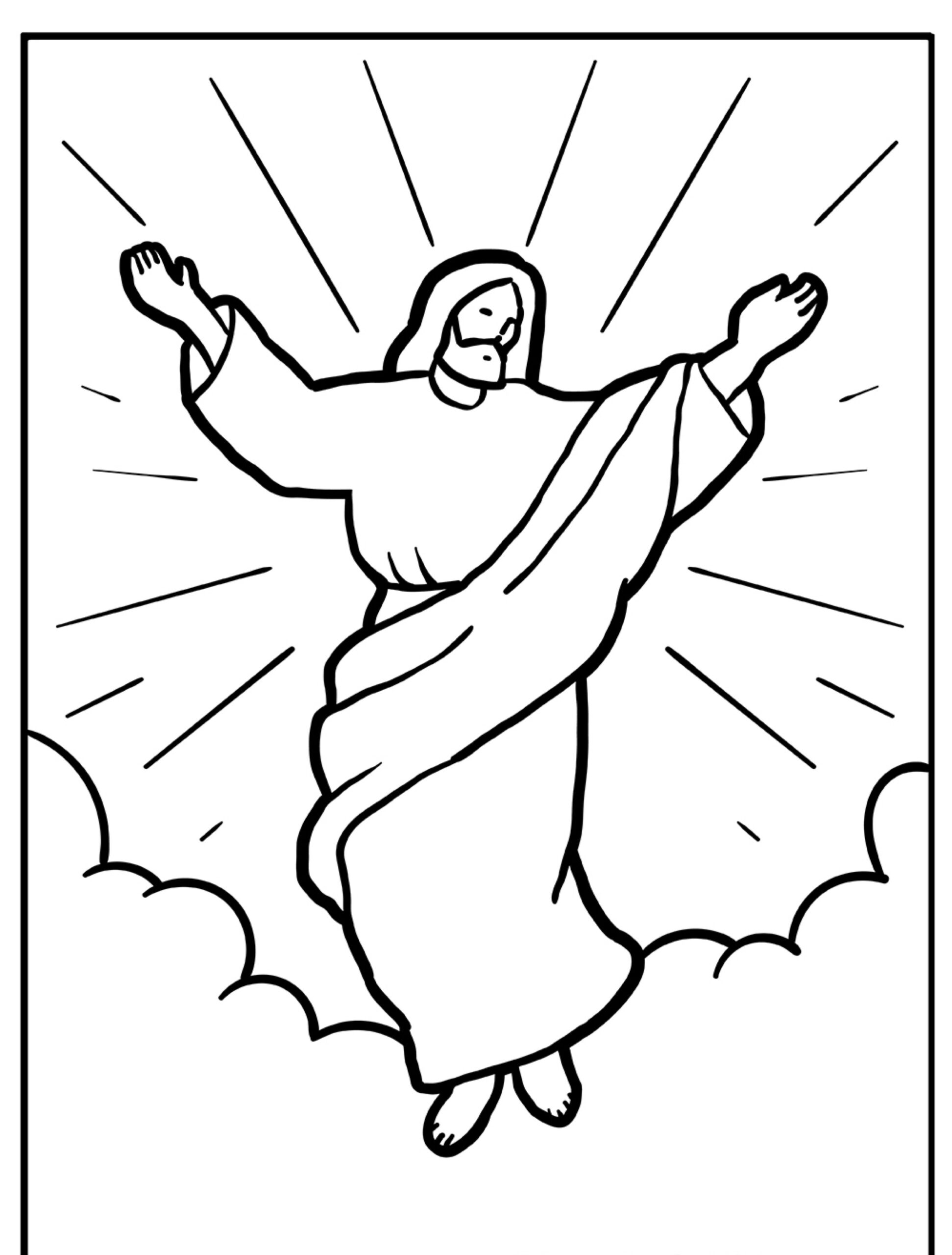 Desenho bíblico de Jesus ascendente, com braços erguidos, para colorir.