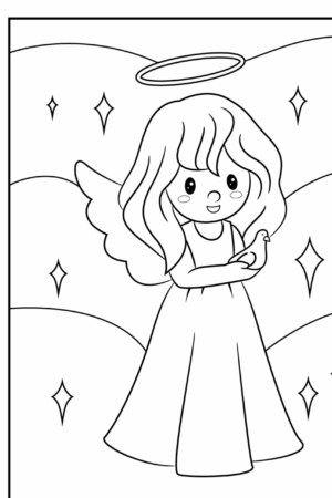 Anjo sorrindo com auréola e estrelas, desenho para colorir.