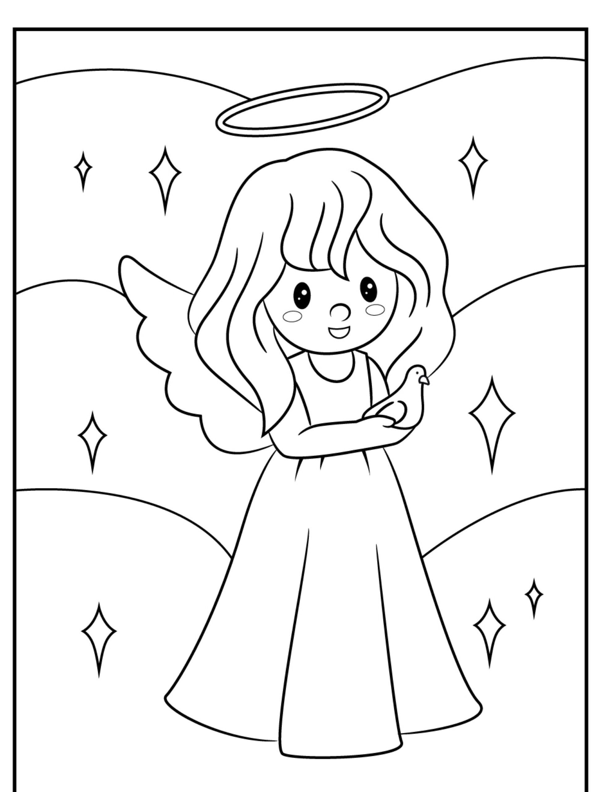 Anjo sorrindo com auréola e estrelas, desenho para colorir.