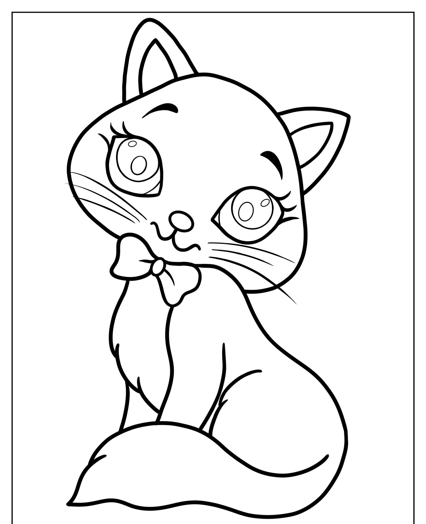 Um desenho animado de um gatinho fofo com olhos grandes, uma gravata borboleta e um rabo fofo, sentado em uma pose relaxada. Para colorir