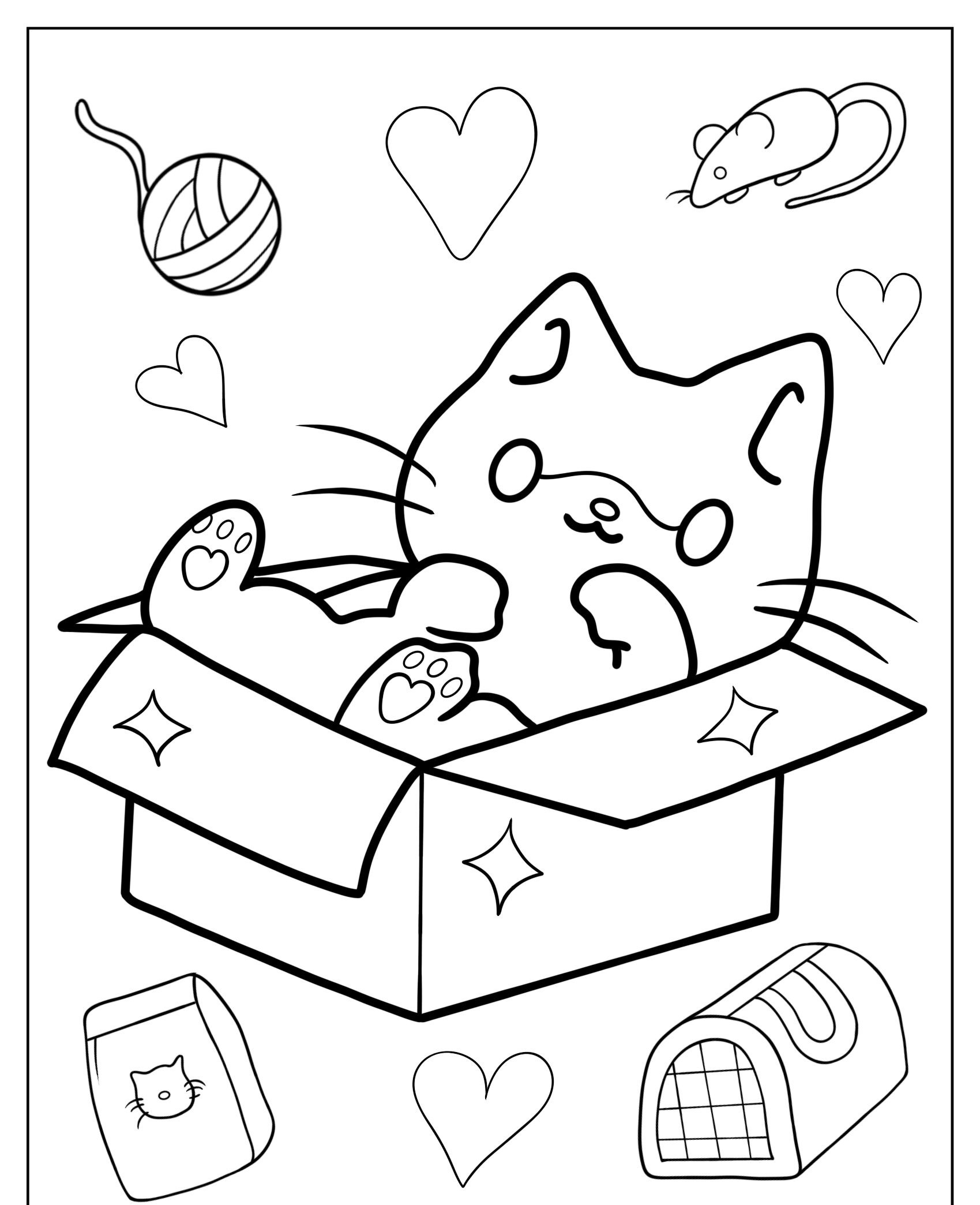 Um lindo gato de desenho animado com corações e brinquedos, descansando em uma caixa. Para colorir