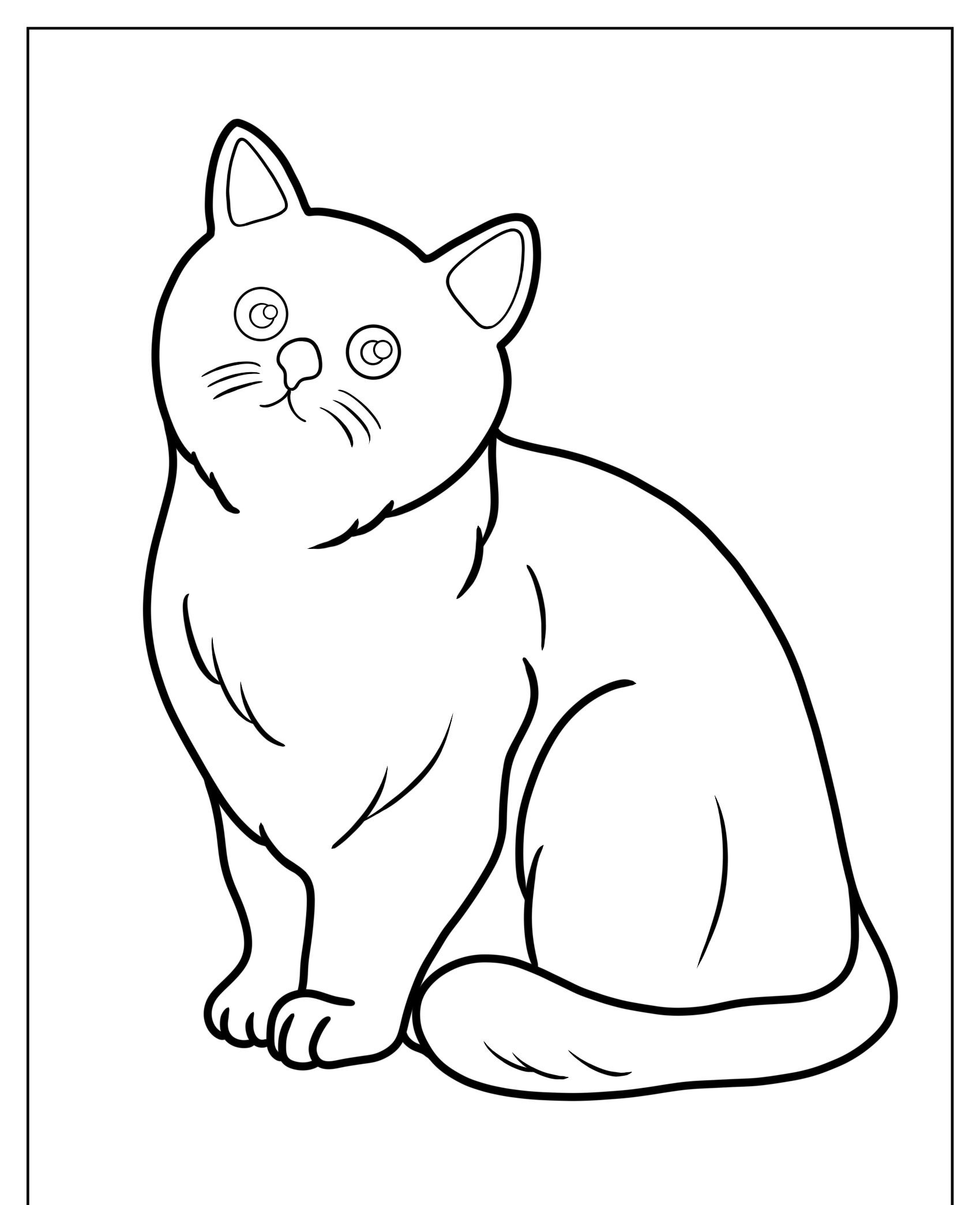 Desenho em preto e branco de um gato sentado com olhos arregalados e orelhas em pé. Para colorir