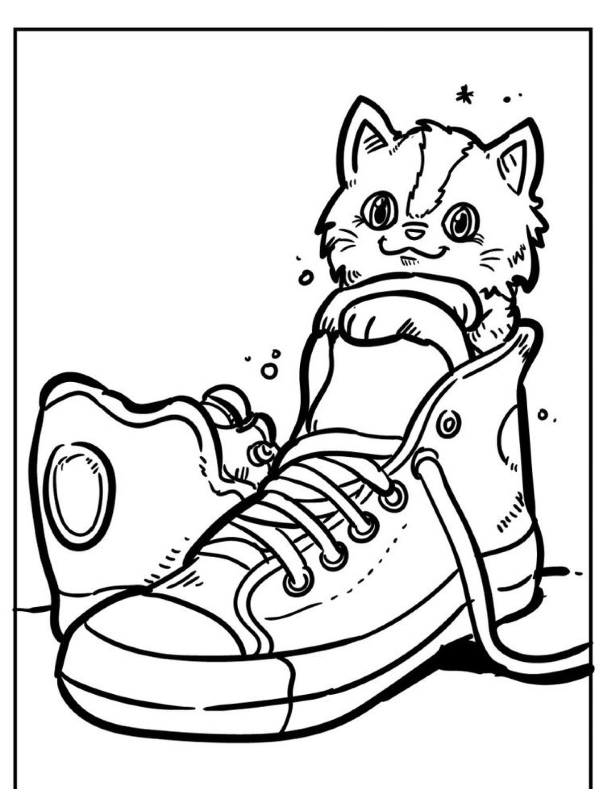 Gatinho dentro de um tênis, desenho para colorir.