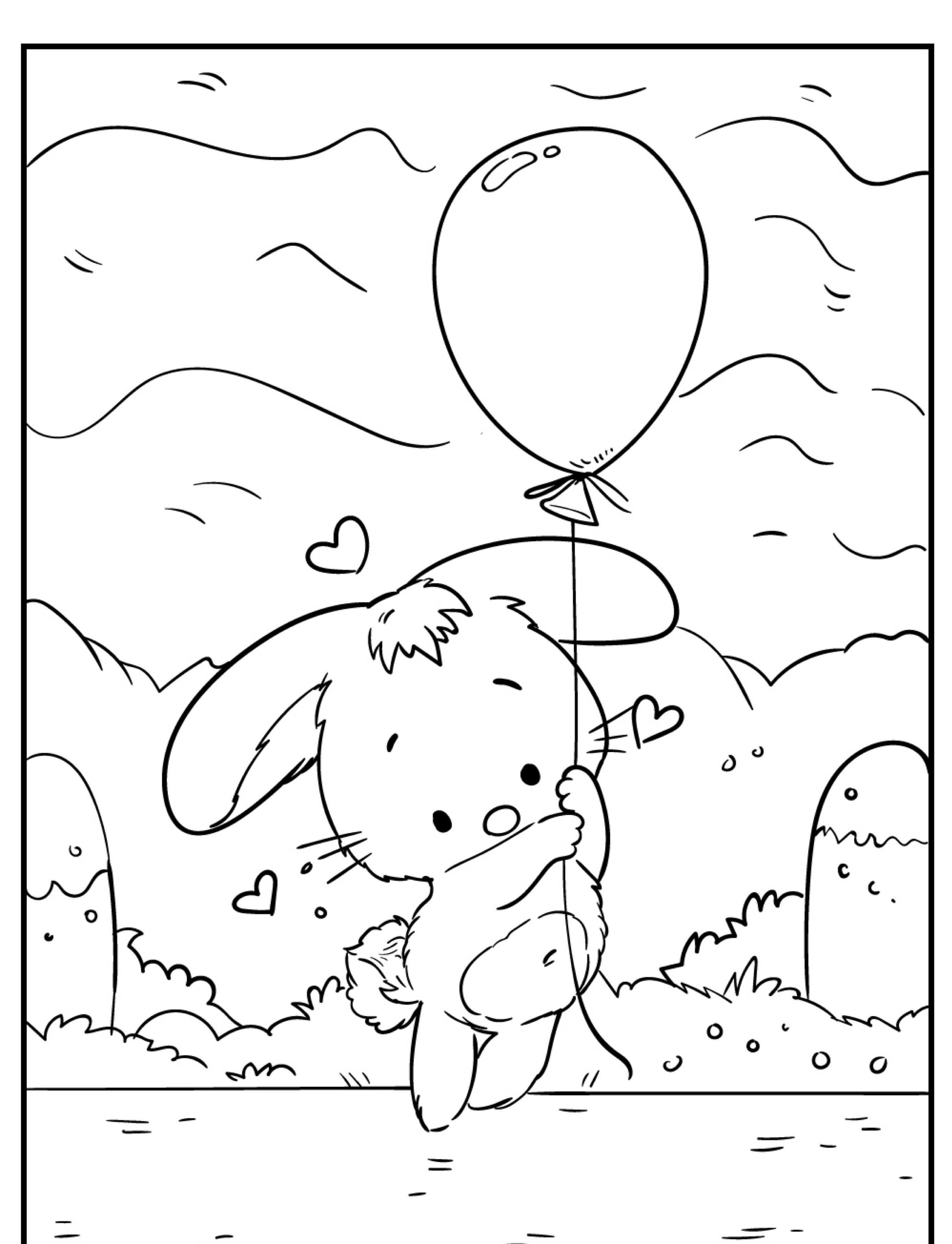 Coelhinho com balão, desenhos fofos para colorir.