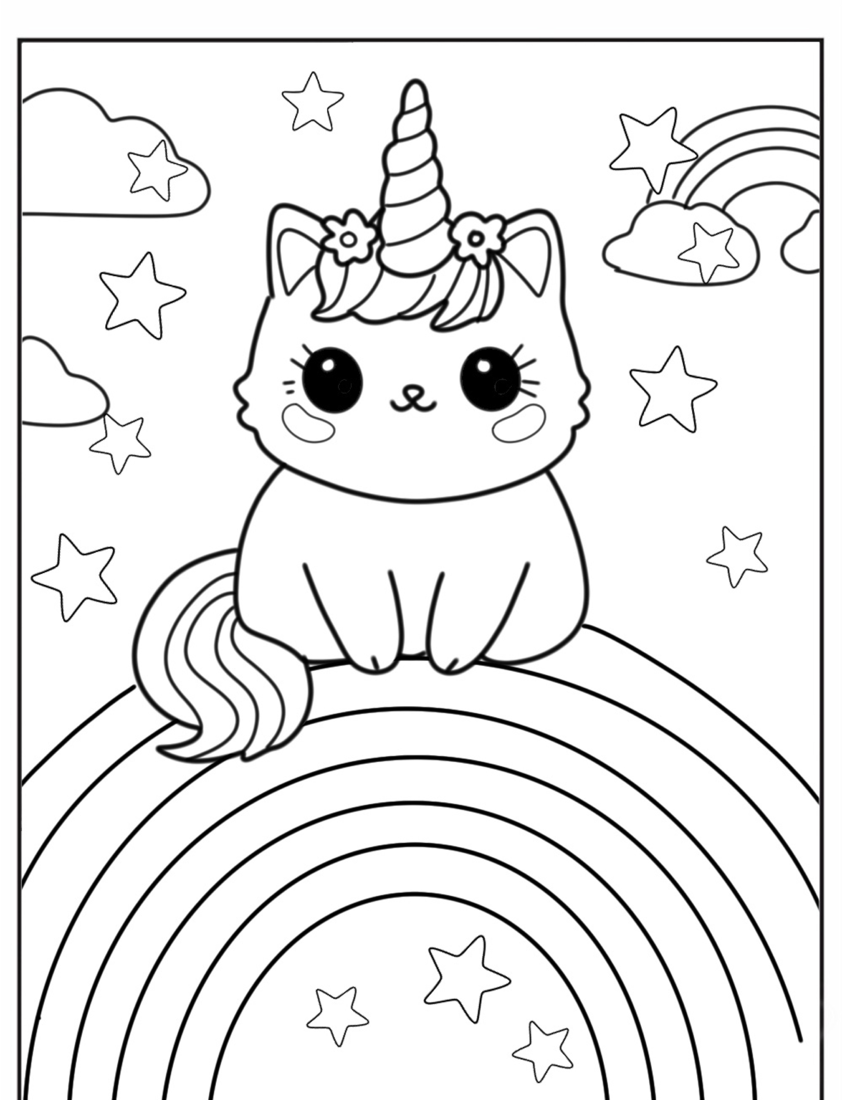 Gato unicórnio sobre arco-íris para colorir.