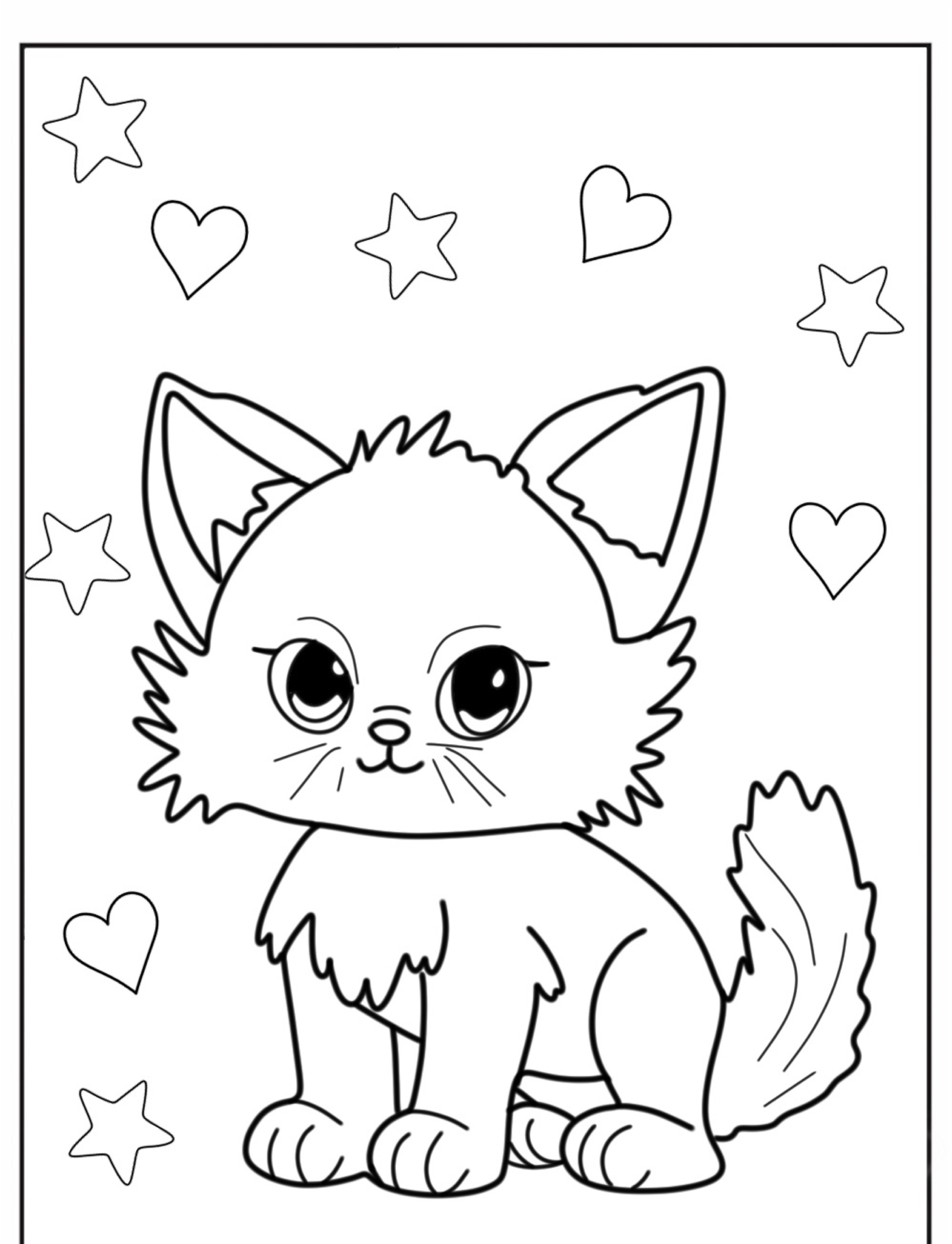 Desenho de gatinho com corações e estrelas para colorir, olhos grandes.