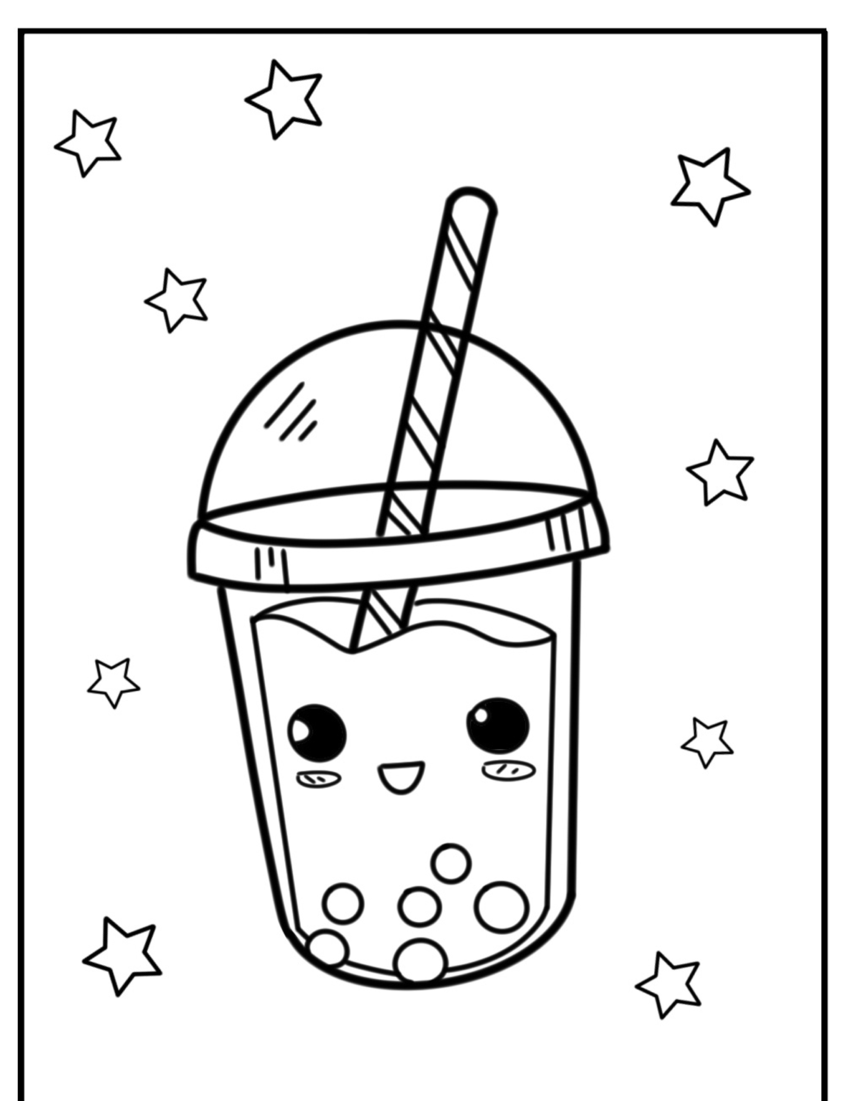 Desenho para colorir de bubble tea sorrindo, com estrelas.