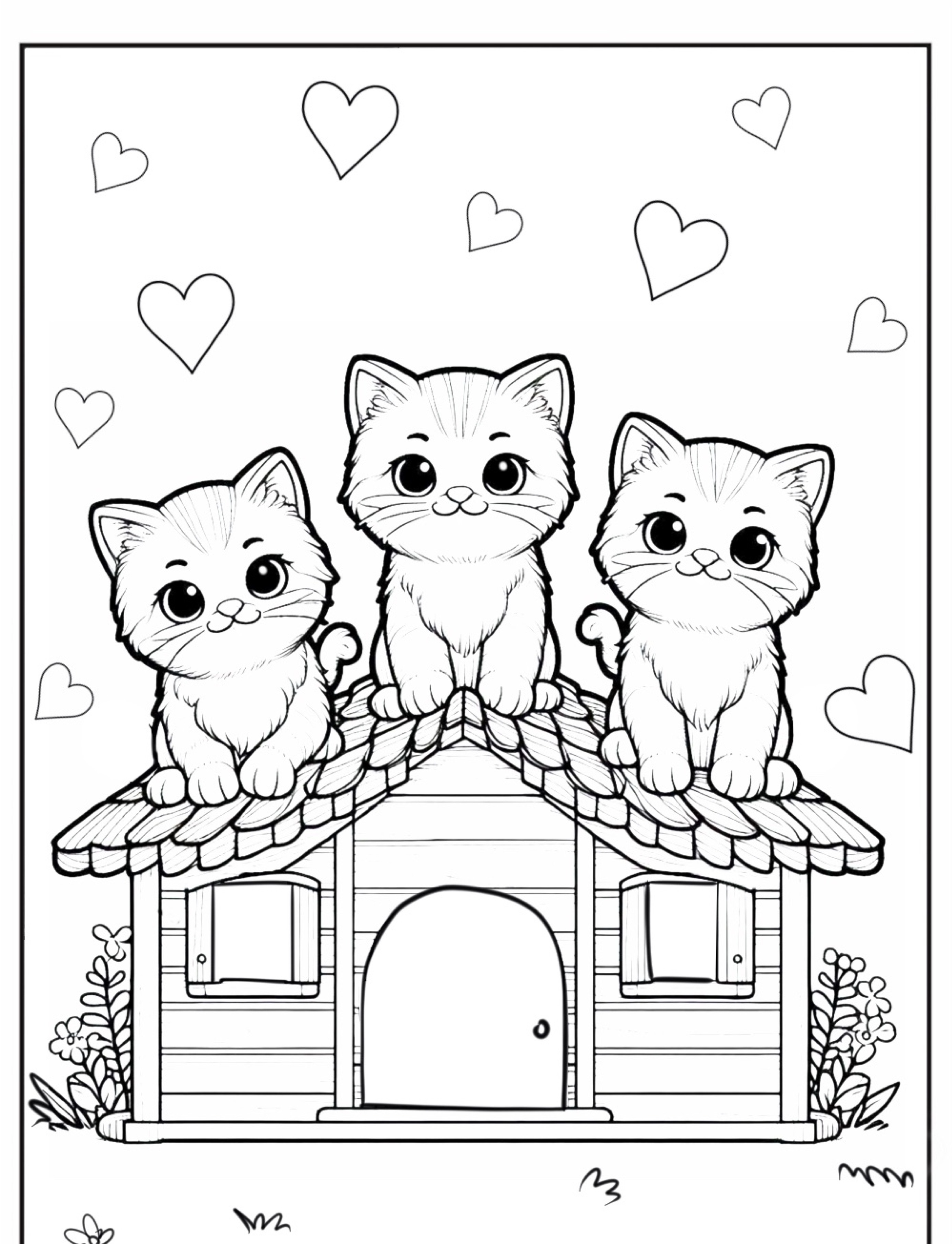 Três gatinhos fofos no telhado, desenho para colorir, corações.