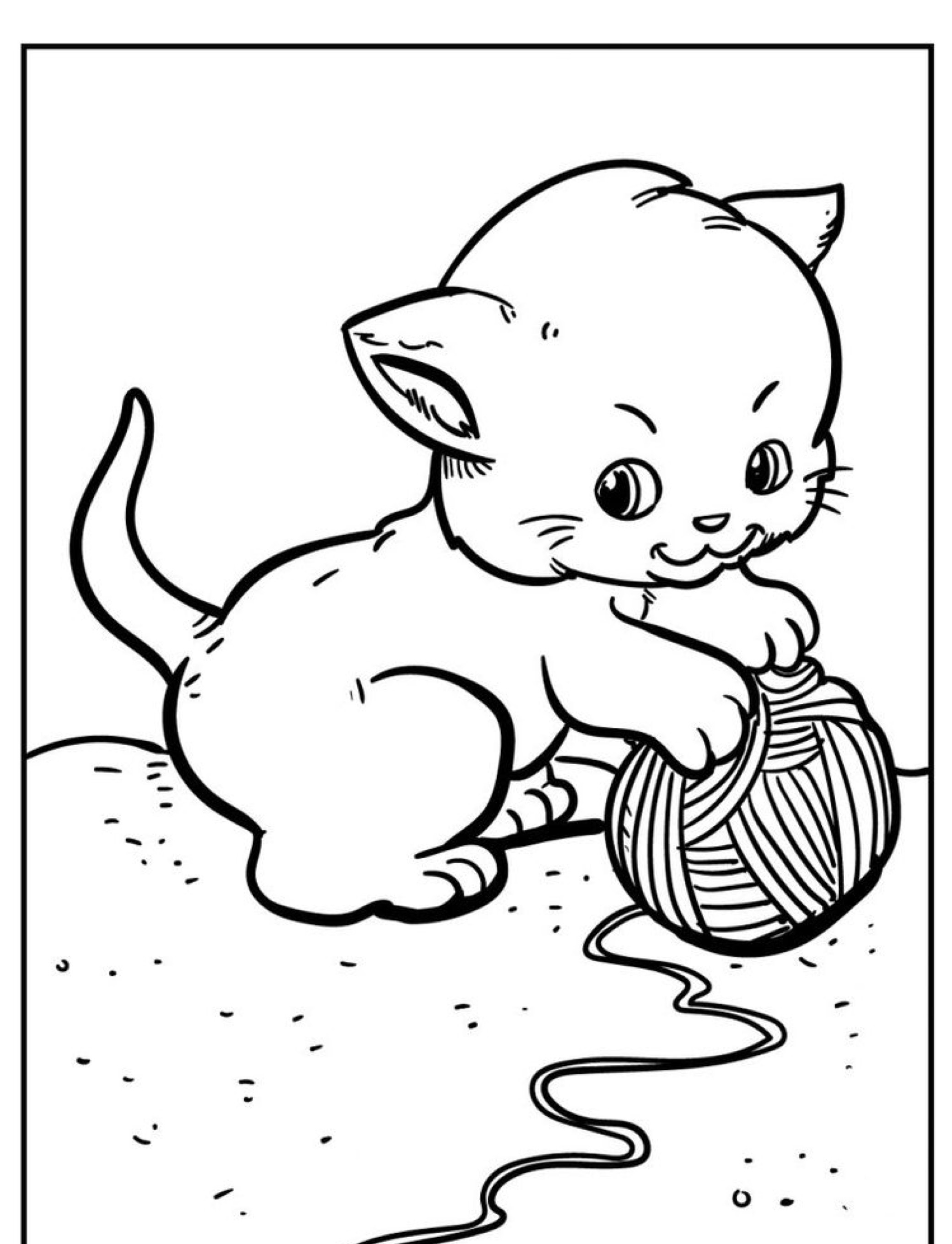 Gatinho brincando com novelo de lã para colorir, sorridente.