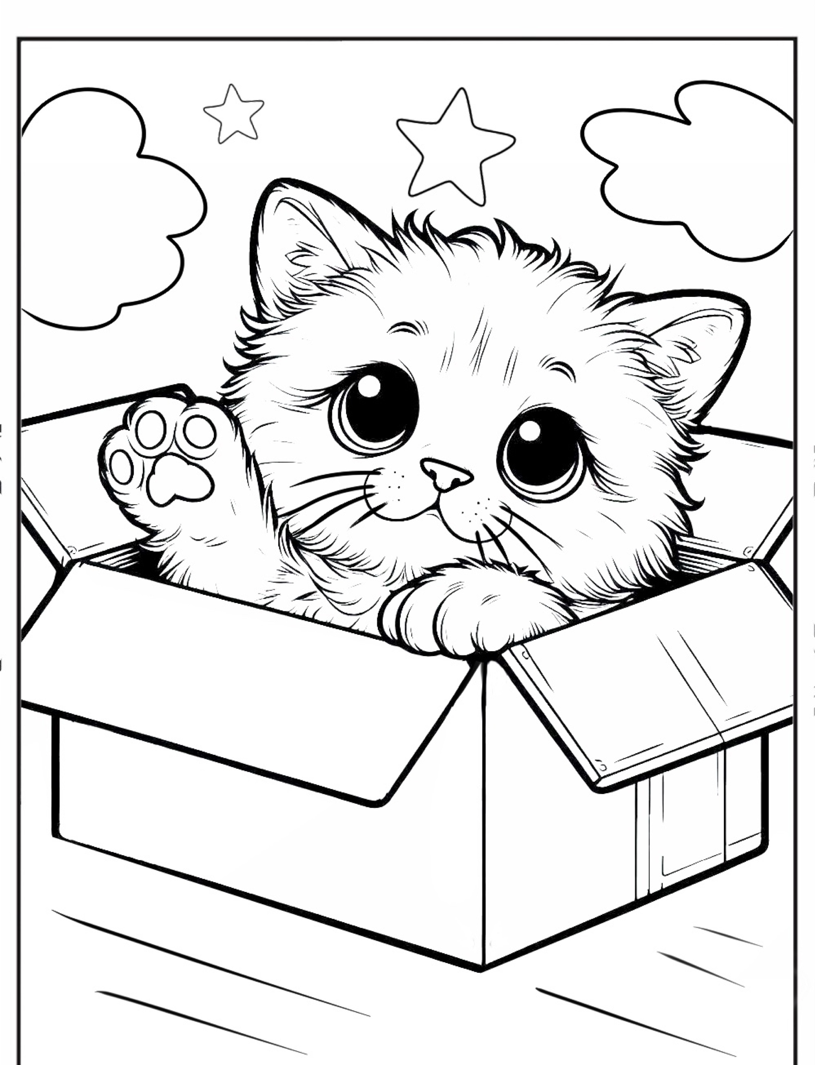 Gatinho fofo em uma caixa, estrelas no fundo, livro para colorir.