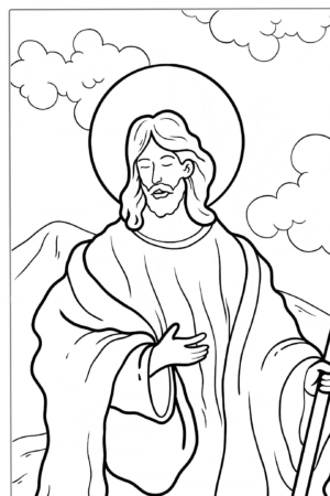 Desenho de jesus com auréola e cajado, nuvens ao fundo, para colorir.