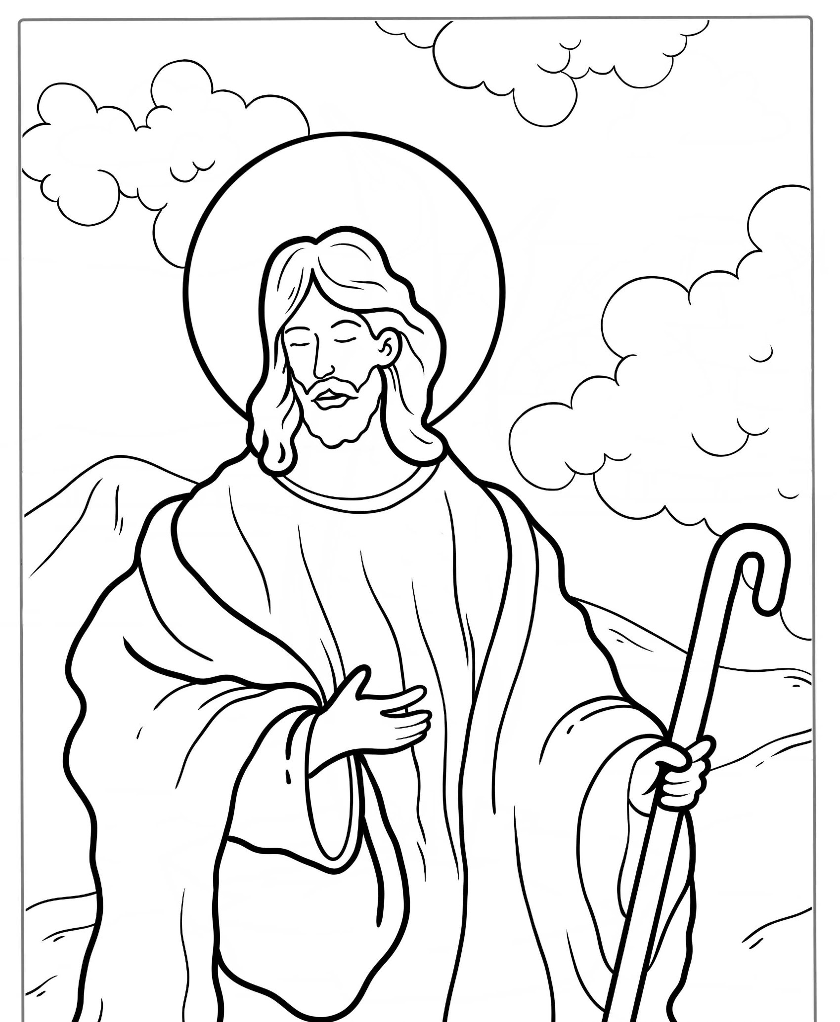 Desenho de jesus com auréola e cajado, nuvens ao fundo, para colorir.