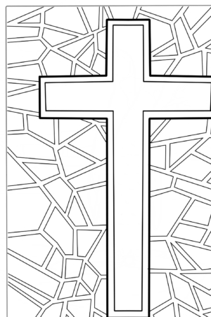 Desenho de uma cruz com fundo geométrico para colorir.