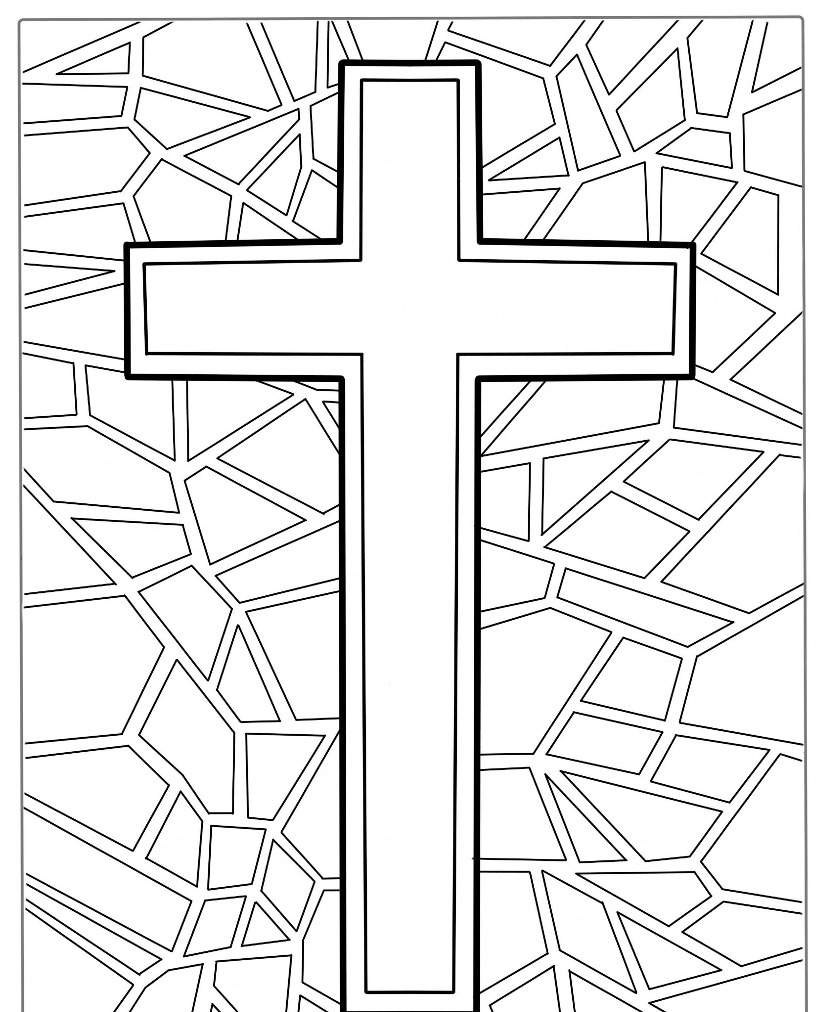 Desenho de uma cruz com fundo geométrico para colorir.