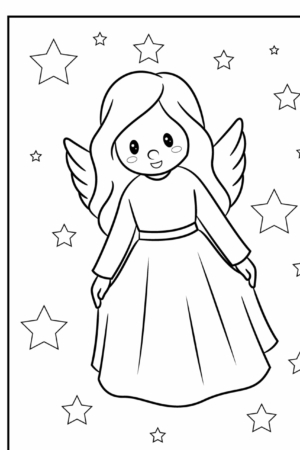 Anjo sorridente com asas e estrelas, desenho para colorir.