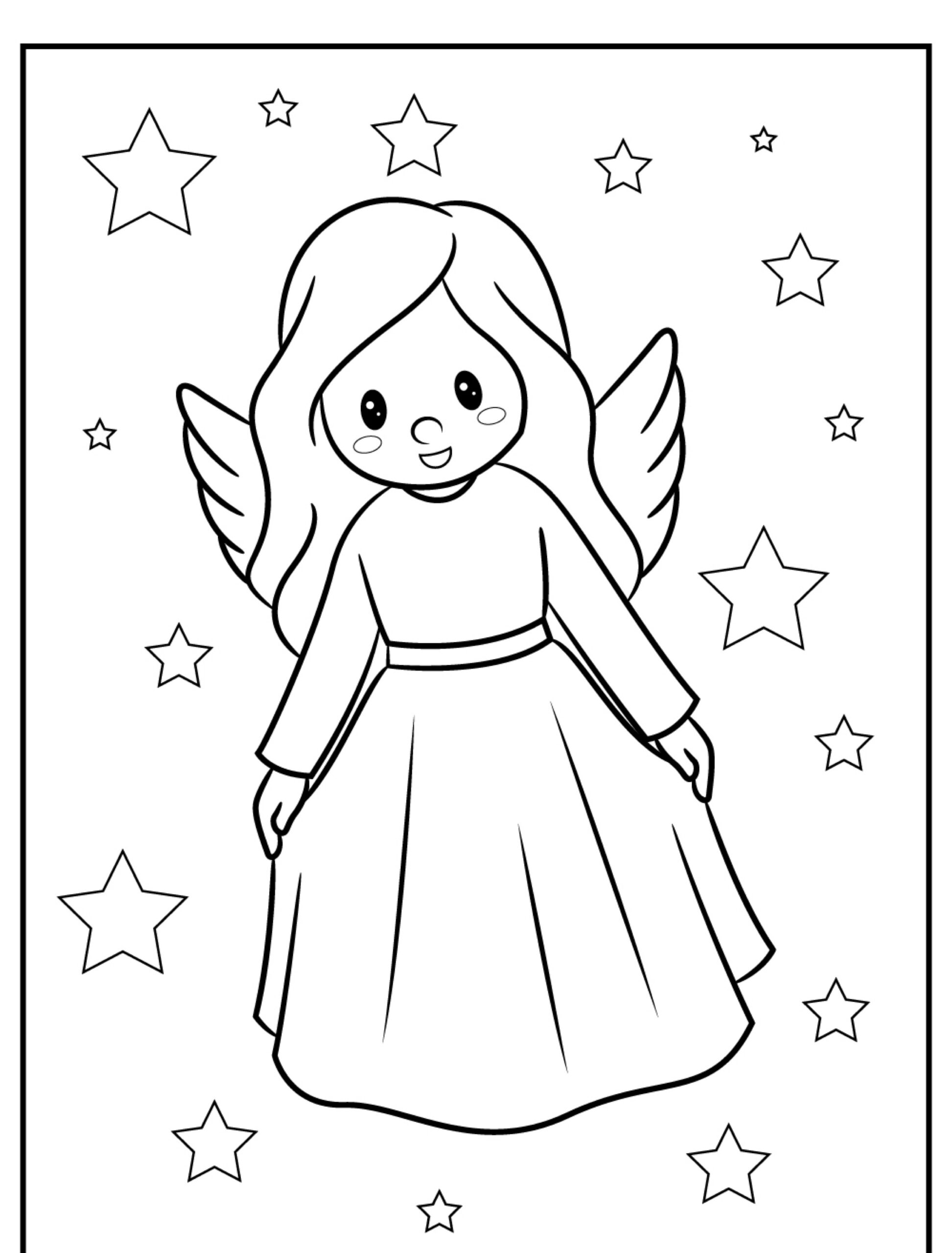 Anjo sorridente com asas e estrelas, desenho para colorir.