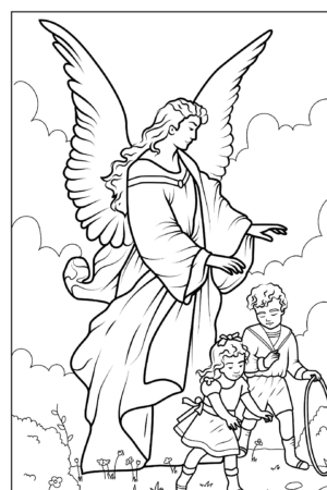 Anjo protegendo duas crianças brincando - desenho para colorir.