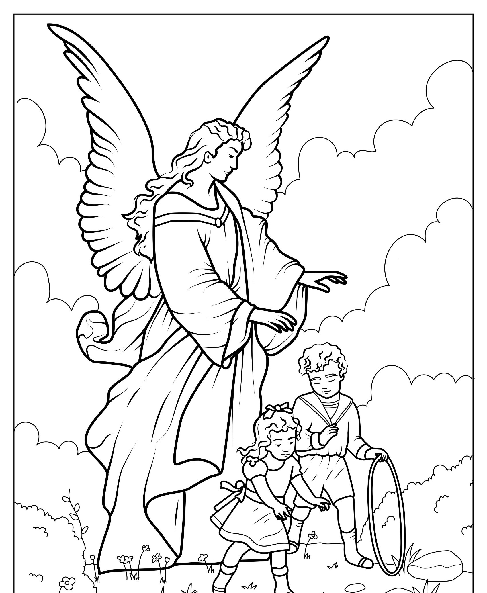 Anjo protegendo duas crianças brincando - desenho para colorir.