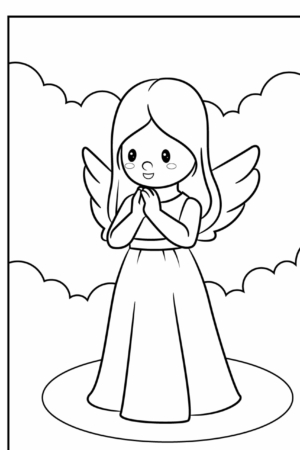 Anjo orando entre nuvens, desenho para colorir.