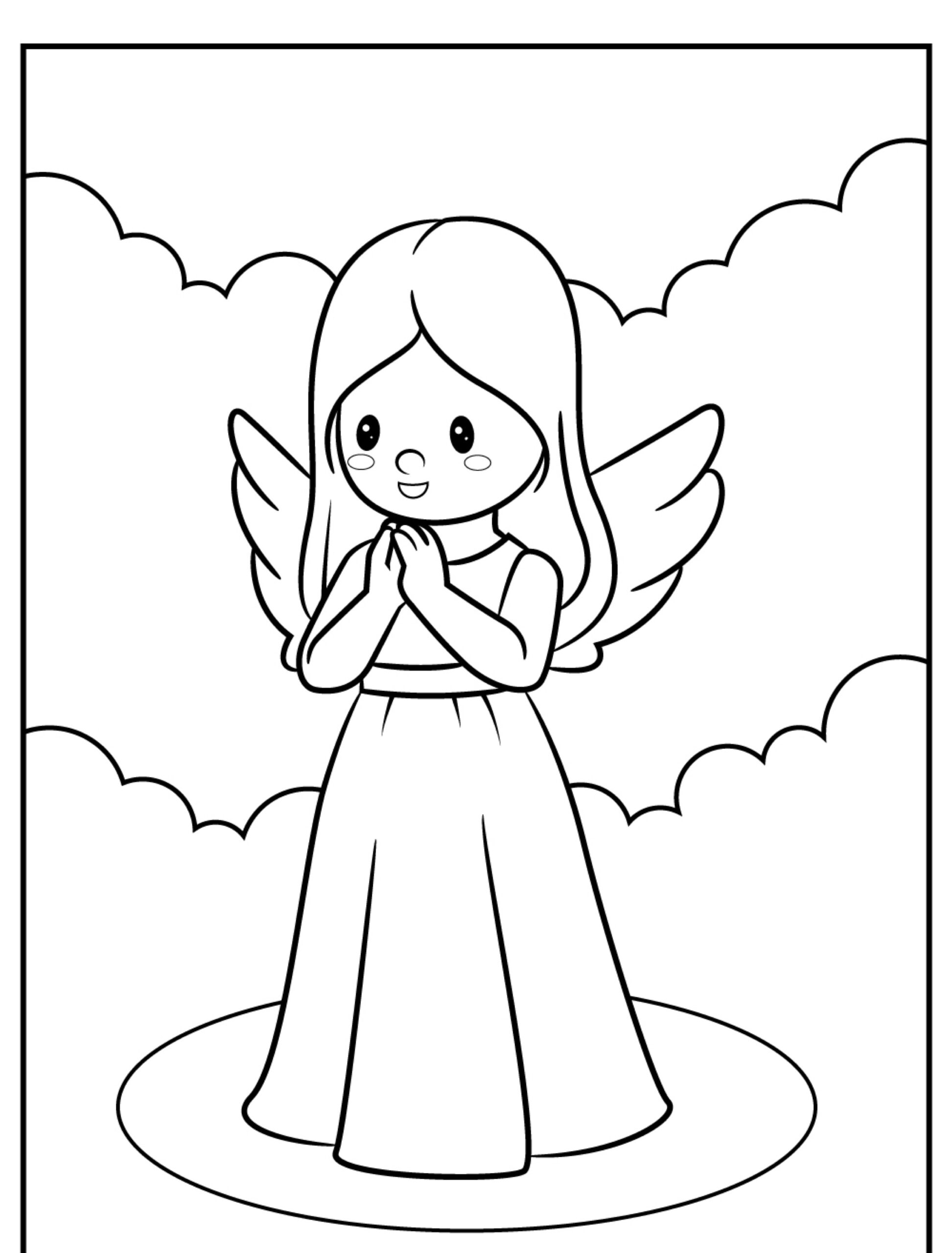 Anjo orando entre nuvens, desenho para colorir.