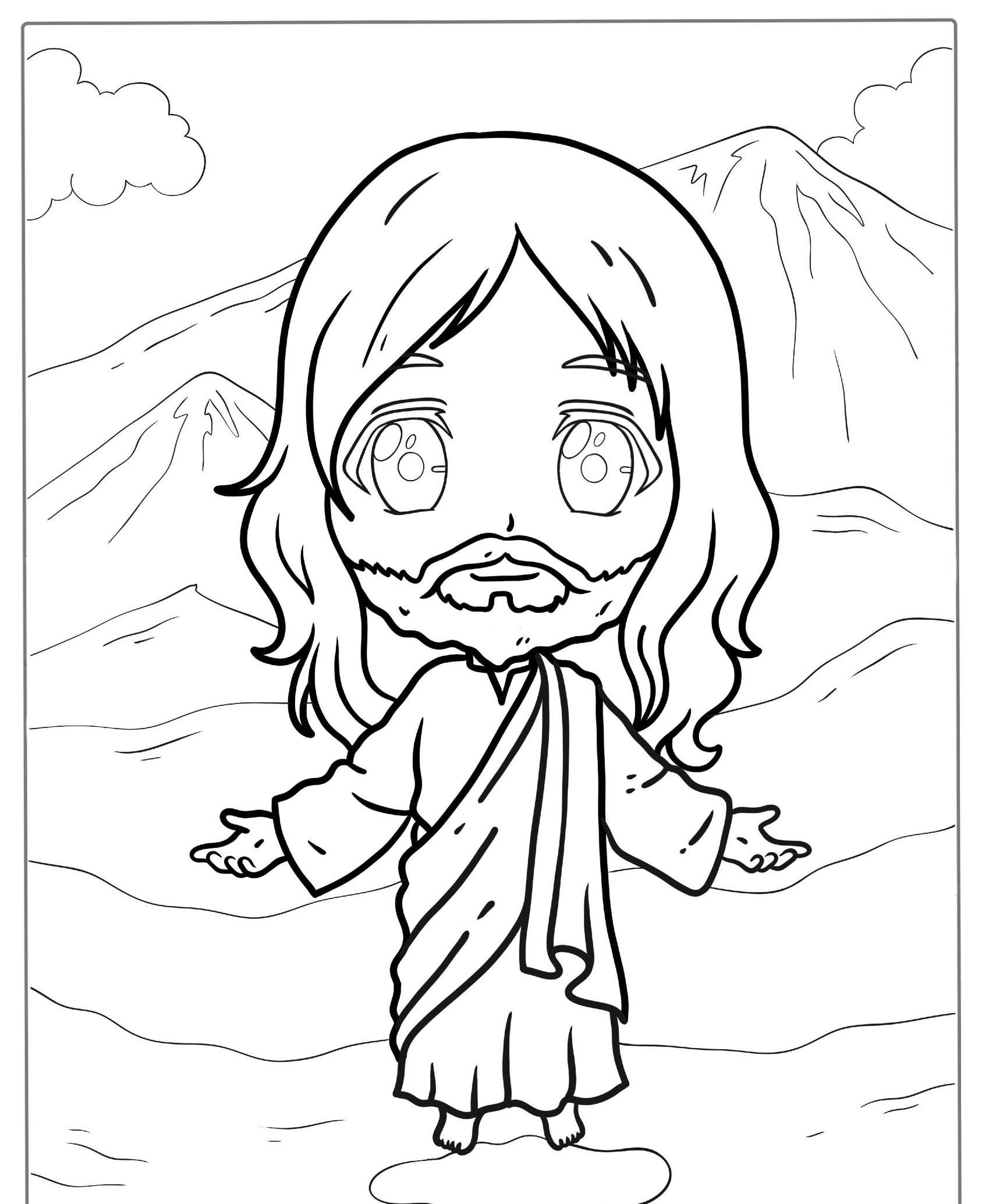 Desenho bíblico de Jesus com braços abertos para colorir.