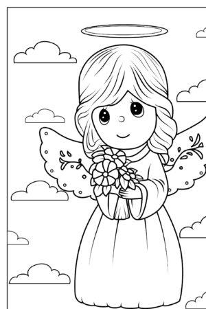 Anjo com flores e asas, para colorir.