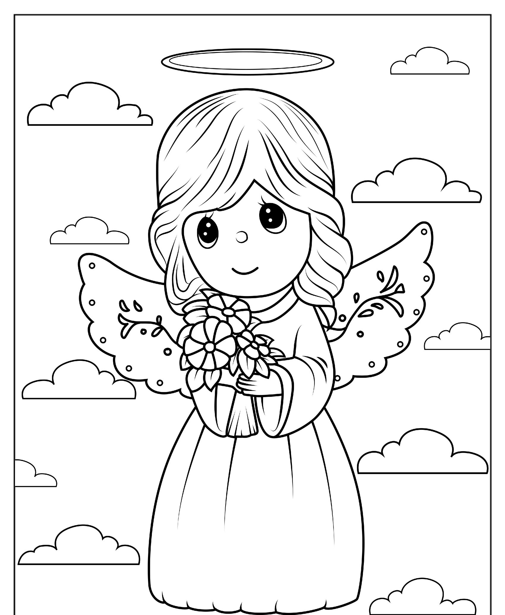 Anjo com flores e asas, para colorir.