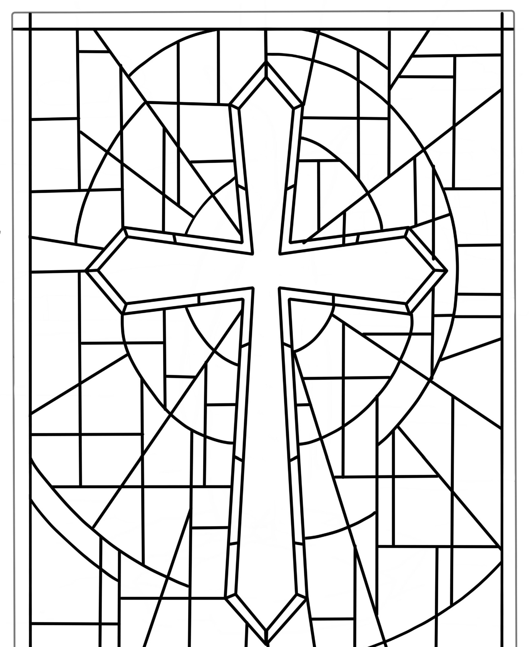 Desenho de cruz para colorir com vitral geométrico.