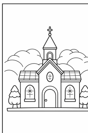 Desenho de uma igreja com árvores para colorir.