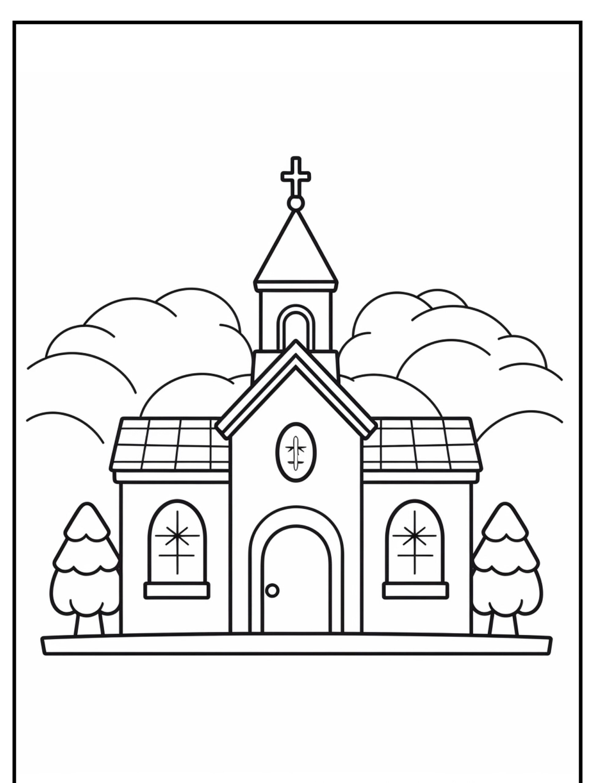 Desenho de uma igreja com árvores para colorir.