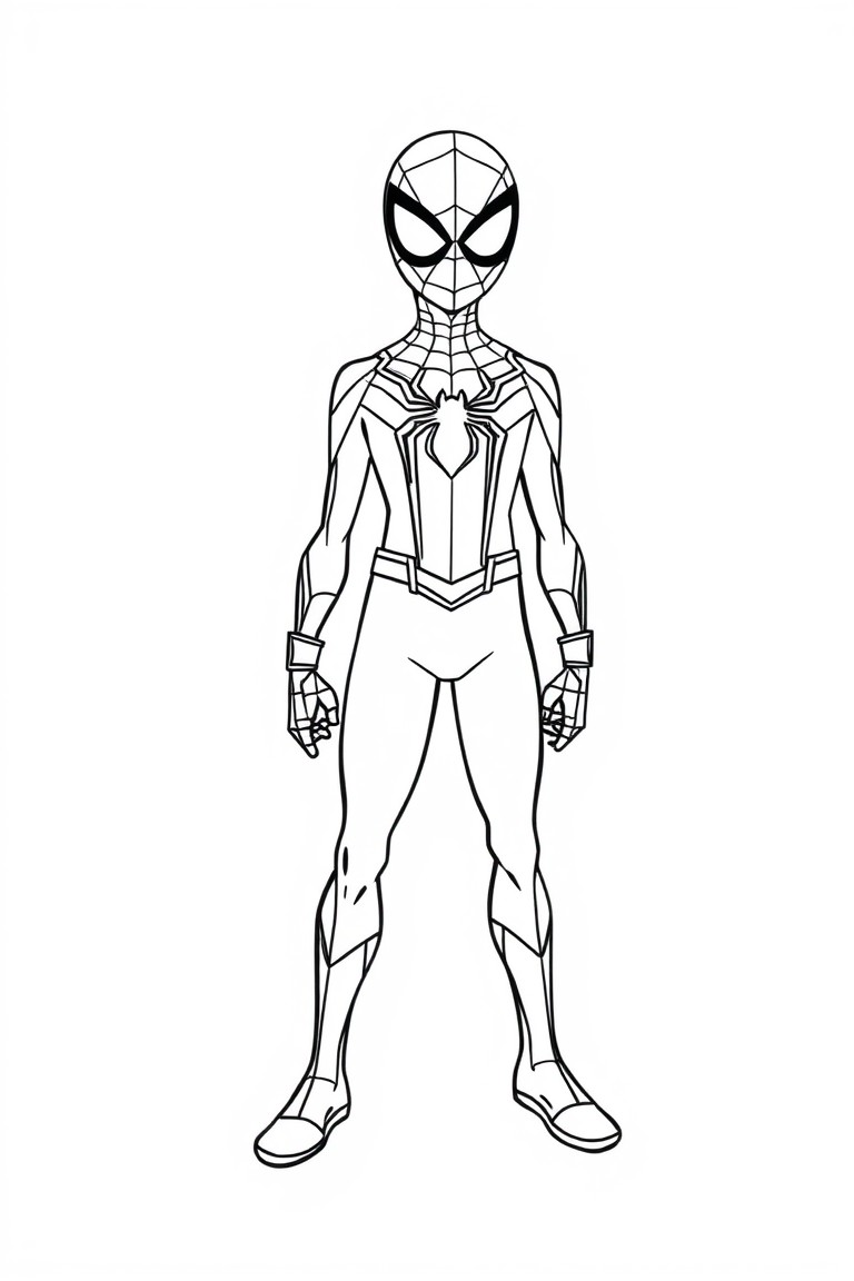 Desenho de super-herói com teia para colorir, traje com um símbolo.