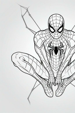 Desenho para colorir do Homem-Aranha agachado com teias.