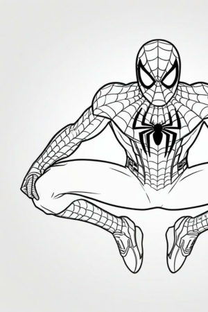 Desenho do Homem-Aranha para colorir, posicionado em agachamento.